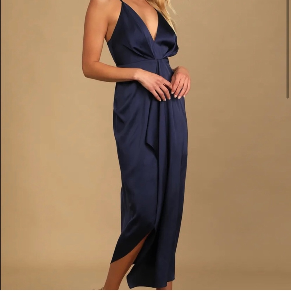 Caught Feelings Navy Blue Satin Ruffled Midi Dress
